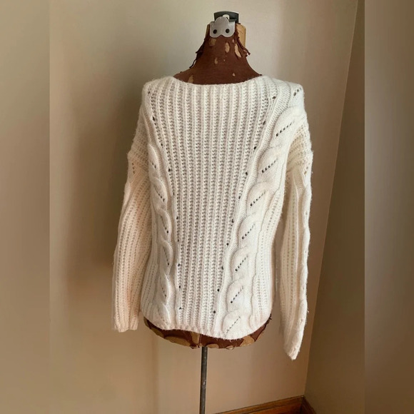 Anthropologie Ramona Chunky Cable Knit V-Neck Sweater  Ivory Alpaca xs - Picture 8 of 11